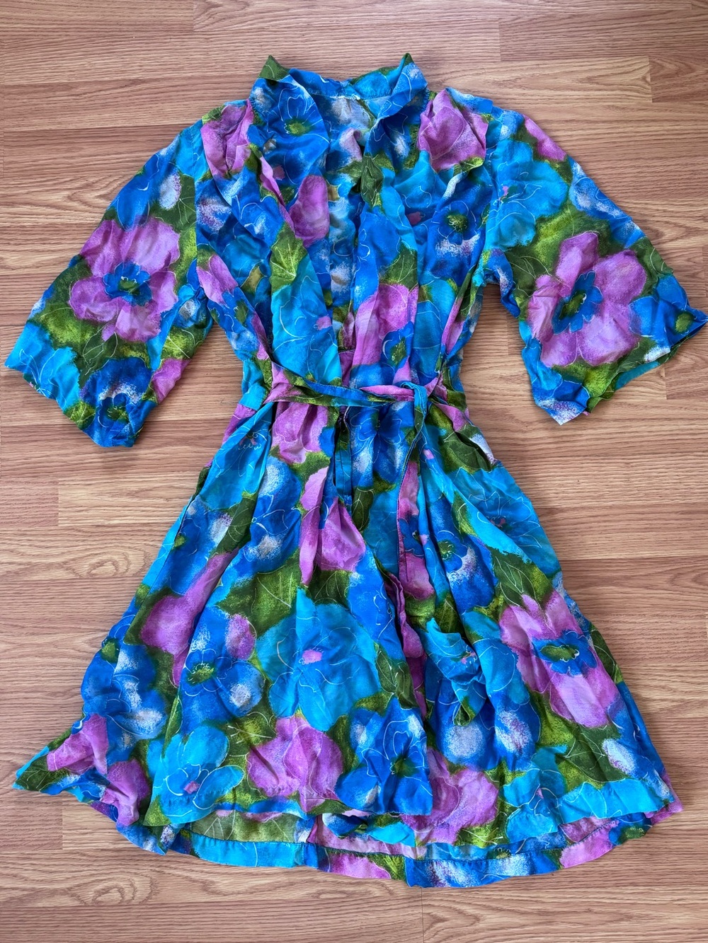 Vintage 60s 70s Silk Kimono Wrap Robe Blue Purple Watercolor Floral Belted sz M